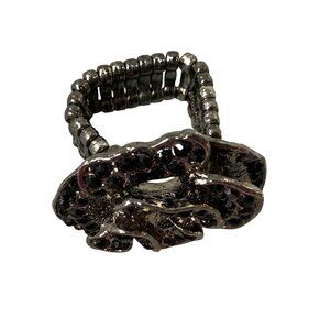 Adjustable Black Rhinestone Rose Flower Ring With Stretch Band Size 9 Women